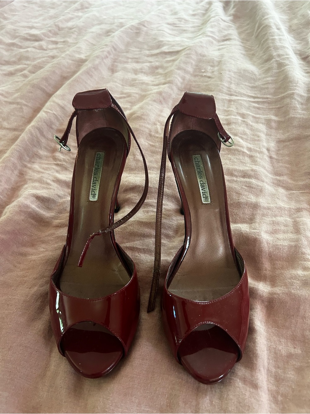 Charles David Burgundy Patent Peep-Toe Ankle-Strap Heels